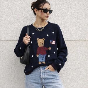 Vintage Christopher & Banks Sweater Patriotic Bear Flag & Stars Medium Hong Kong